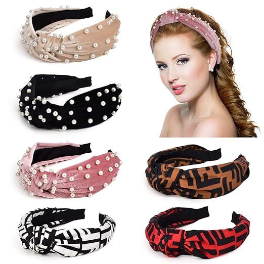 HOKPA Faux Pearl Headbands for Women Set, 3 Velvet Faux Pearl Hairbands and 3 Letter F Hairbands,... | Amazon (US)