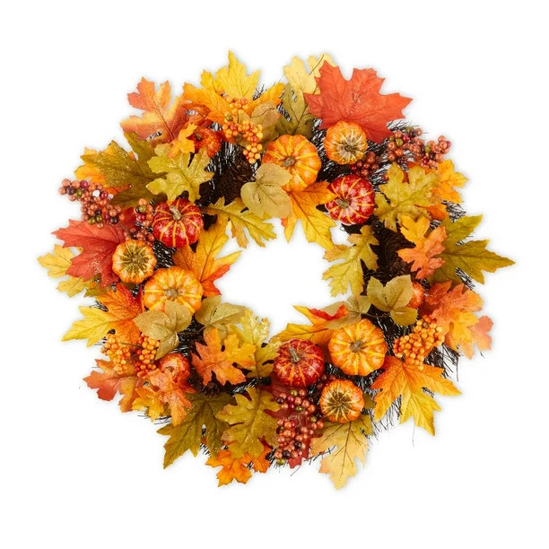Harvest 24 in x 5 in x 24 in Glitter Orange Pumpkins & Leaves Wreath, Way to Celebrate | Walmart (US)