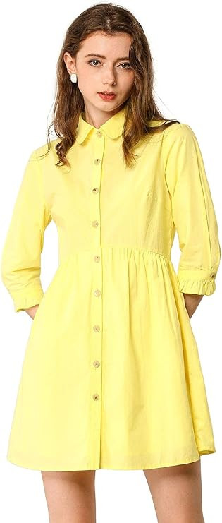 Allegra K Women's Casual Shirt Dress Ruched 3/4 Sleeve Button Up Mini Dresses | Amazon (US)