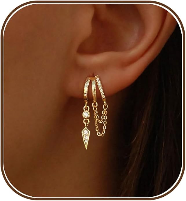 Dangle Earrings for Women,14k Gold Plated Triple Huggie Stud Earrings Cute Statement Chain Earrin... | Amazon (US)