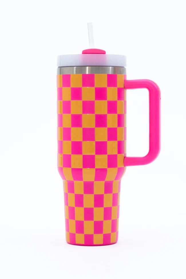 Sippin' Pretty Pink and Orange Checkered 40 oz Drink Tumbler With Lid And Straw FINAL SALE | Pink Lily