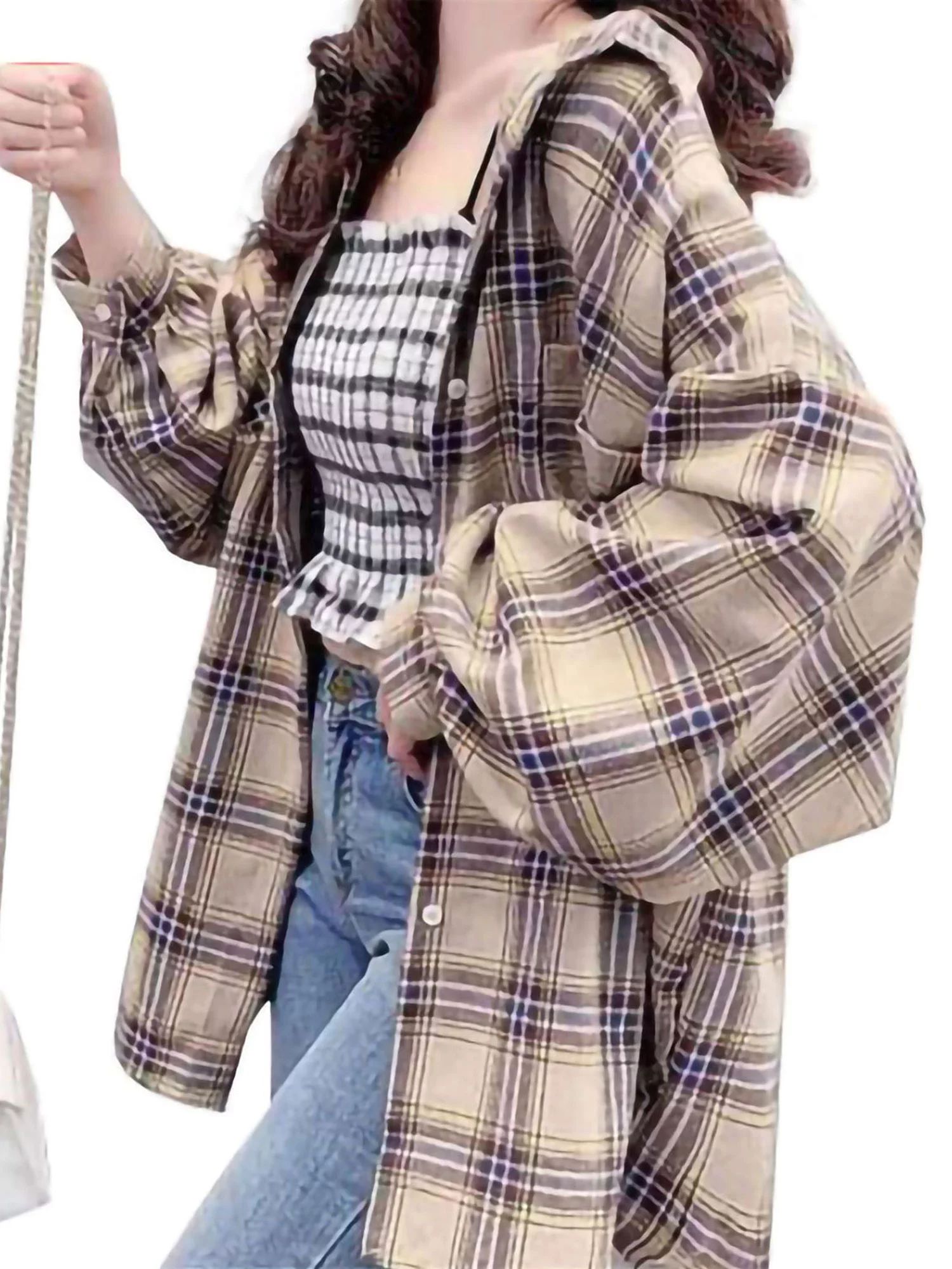 Lady Stylish Loose Fit Turn Down Collar Plaid Flannel Shirts Women Casual Long Sleeve Button Down... | Walmart (US)