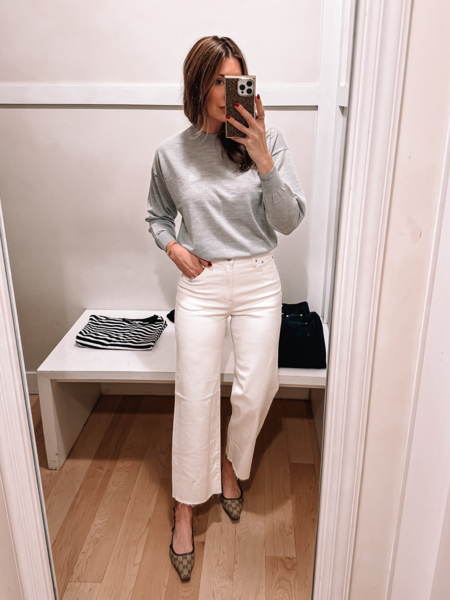 Small in sweater, size 26 in jeans (need the longer length) 