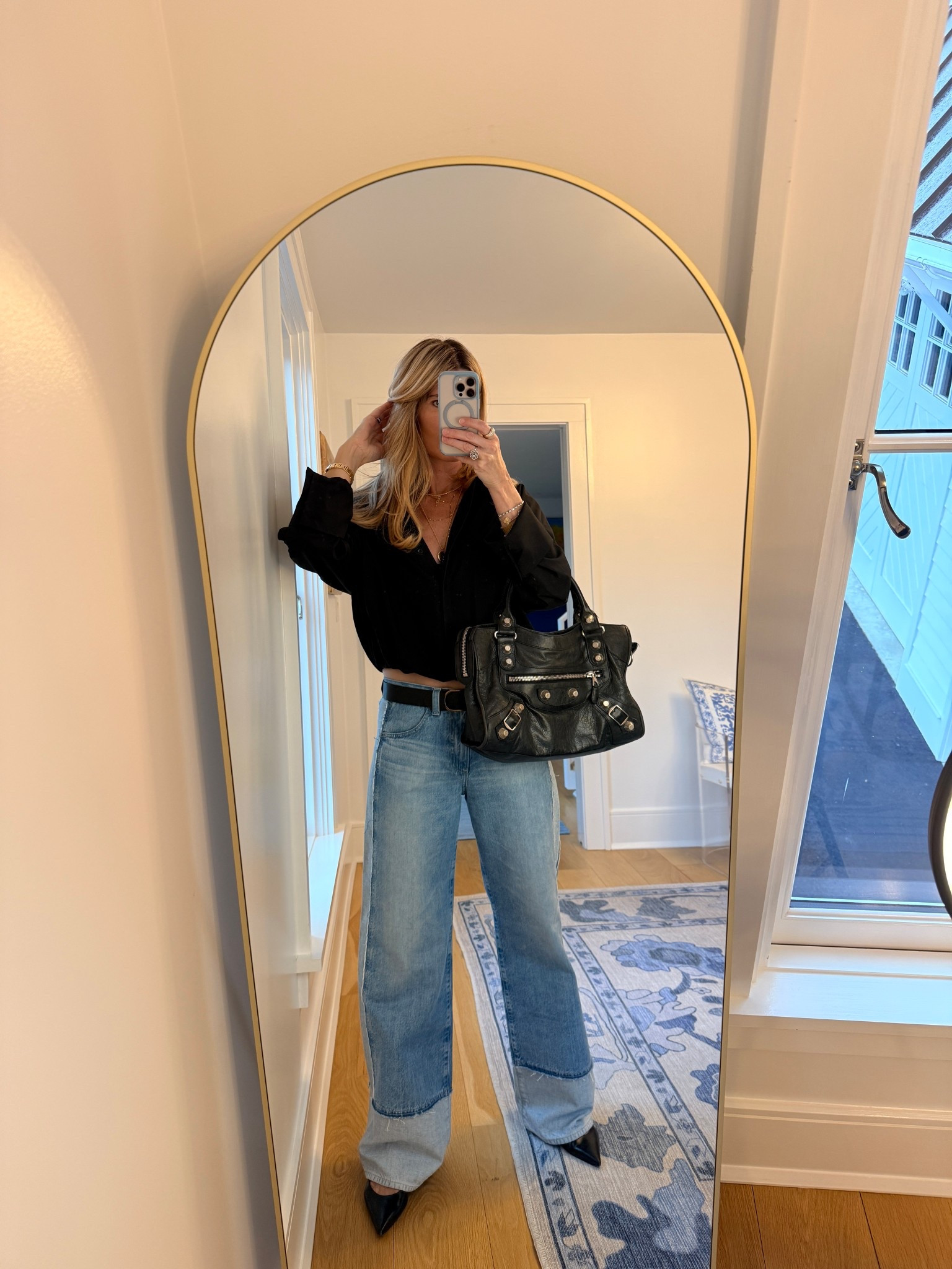 Wearing sz M in shirt. Sz 27 in jeans