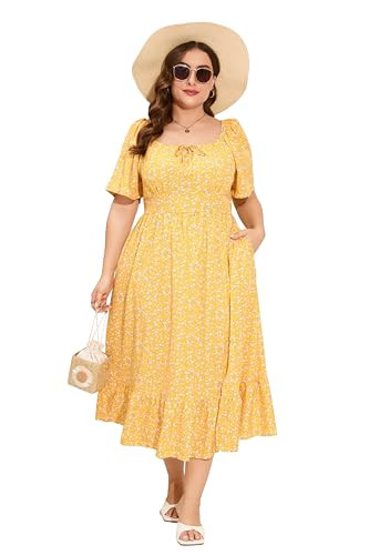ShopWonder Womens Plus Size Square Neck Floral Print Summer Dress Ruffle Short Sleeve Tie Front Slit Hem Boho Maxi Dress Yellow White Flower 2XL | Amazon (US)