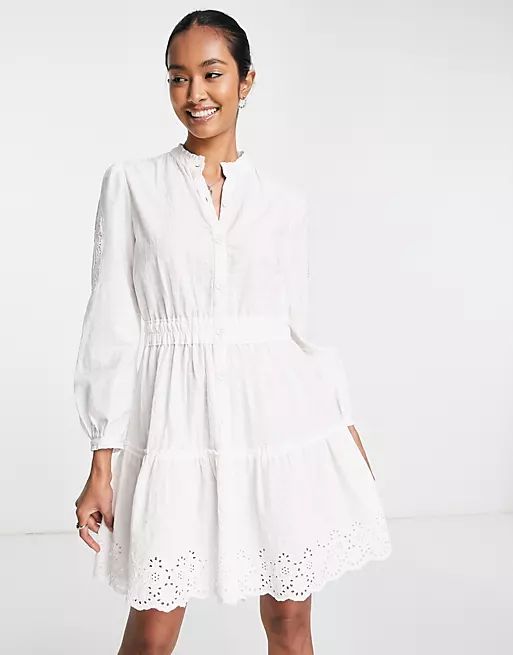 French Connection long sleeve mini dress in white broderie | ASOS (Global)