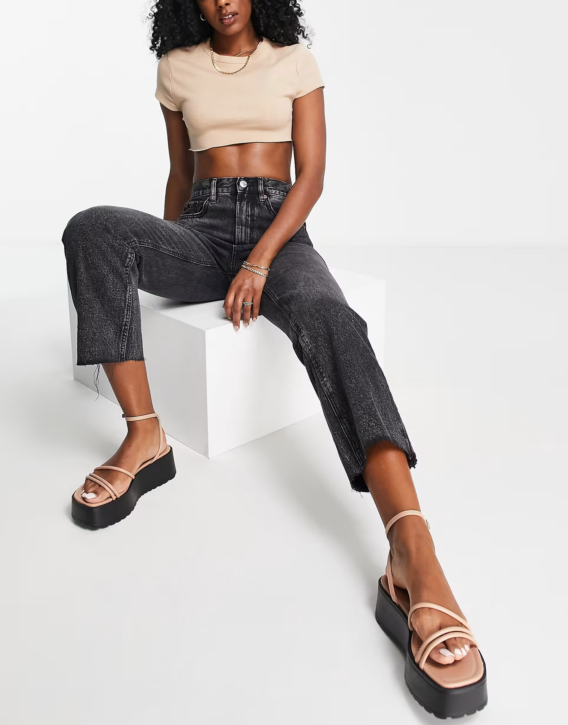 Stradivarius cropped denim jean in washed black | ASOS (Global)