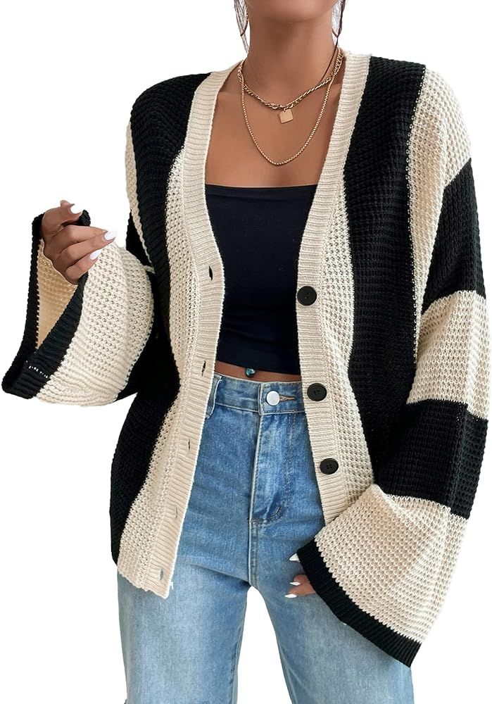 Verdusa Women's Colorblock Drop Shoulder Button Front Bell Sleeve Knitted Cardigan Sweater | Amazon (US)