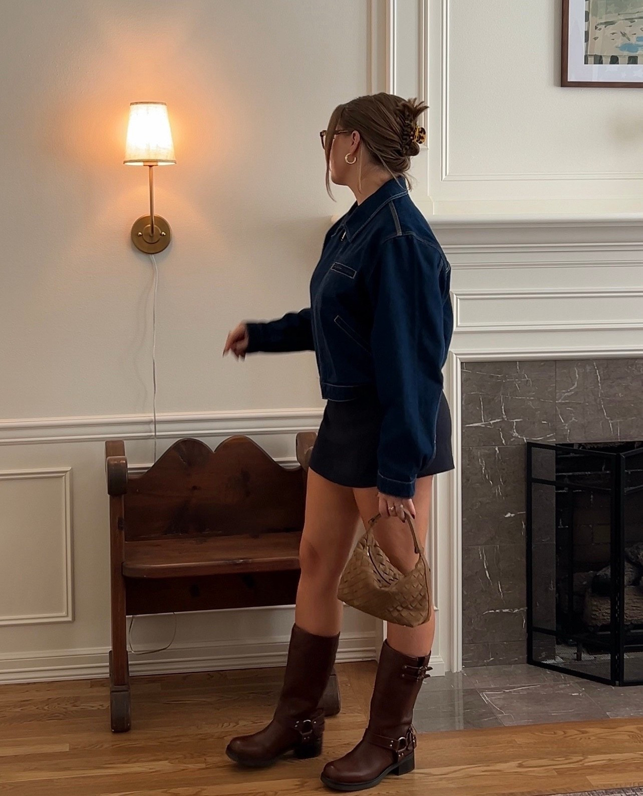 Jacket size L for a looser fit I’m wearing it zipped up fully. Skirt size 10 I love this navy!!! Built in shorts it’s mini but perfect low rise. Boots true to size comfortable no break in time. Rings code BRE20

