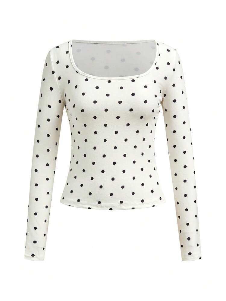 DAZY Women Polka Dot Long Sleeve Square Neck Fitted Casual T-Shirt | SHEIN