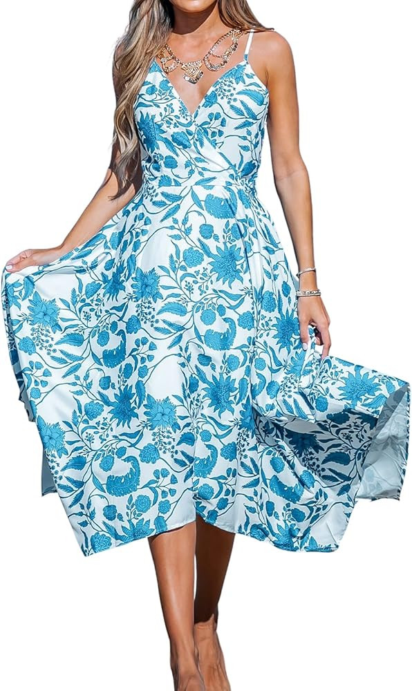 CUPSHE V Neck Maxi Dresses for Women Floral Print Spaghetti Straps Wrap Dress | Amazon (US)
