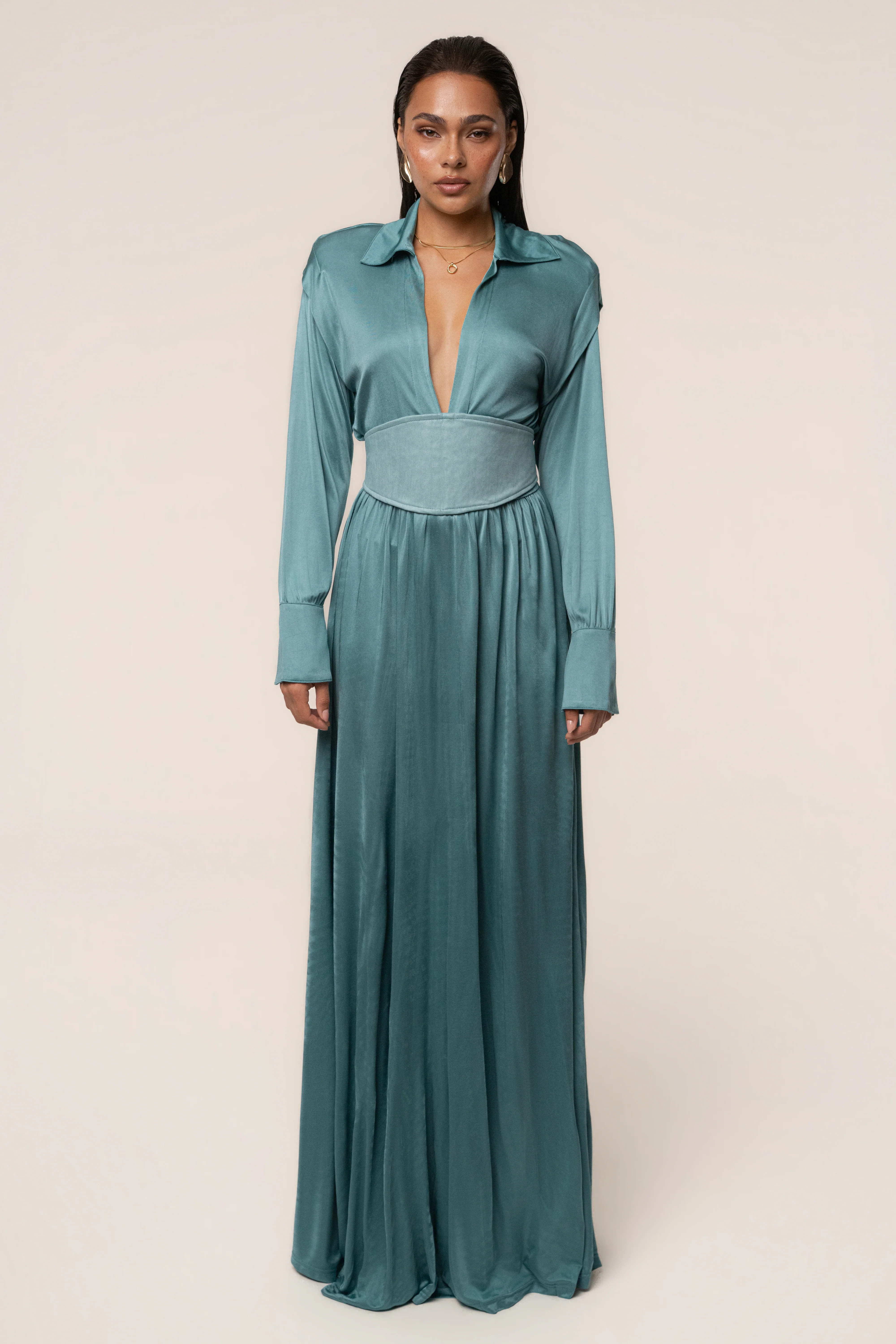 Teal High Line Collar Maxi Dress | JLUXLABEL US