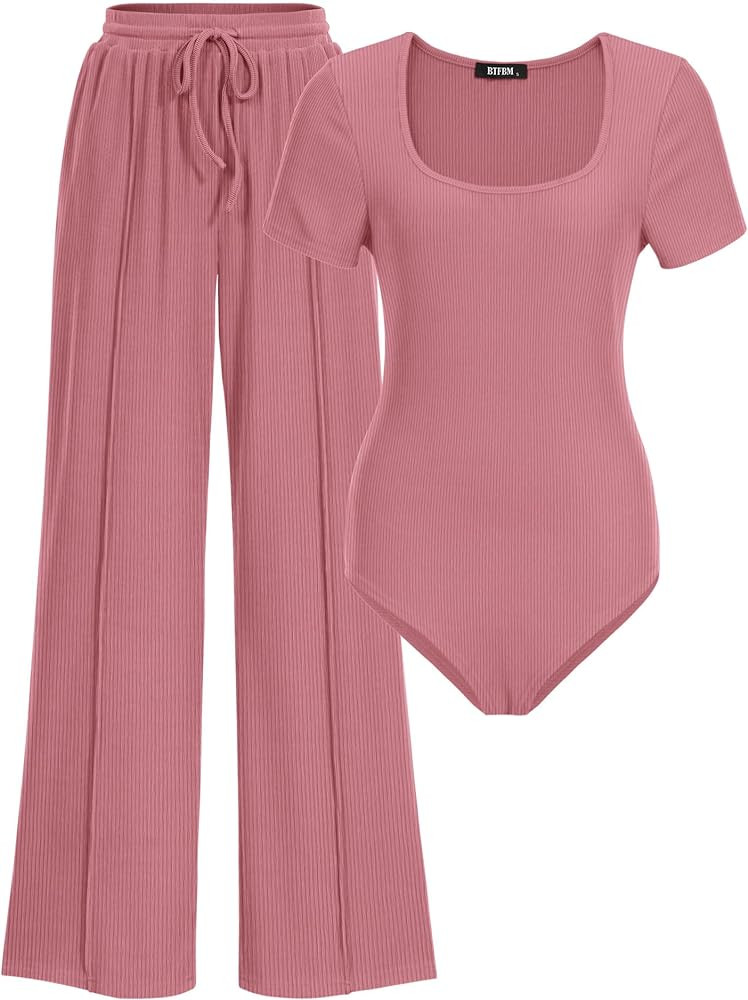 BTFBM Womens Spring 2 Piece Outfits 2026 Summer Square Neck Short Sleeve Drawstring Pants Knit Lo... | Amazon (US)