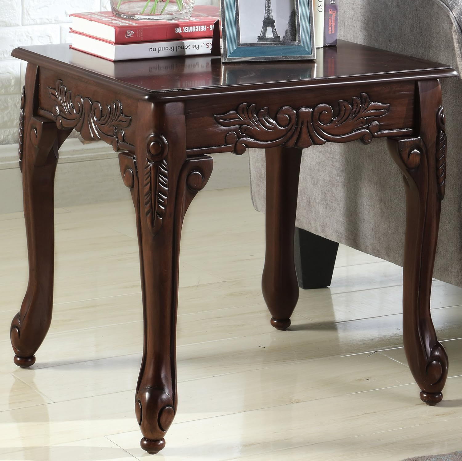 Roundhill Furniture Traditional Ornate Detailing Wood End Table, Dark Cherry | Amazon (US)