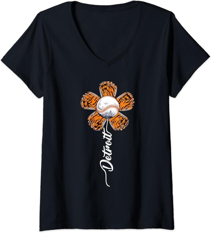 Detroit Colorful Baseball Flower Souvenir Tee I Love Detroit V-Neck T-Shirt | Amazon (US)