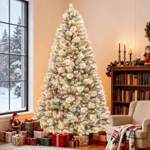 Hykolity 7.5ft Snow Flocked Artificial Christmas Tree with Red Berries, 450 Warm White LED Lights & 1446 Branch Tips, Quick-Assembly Hinged Design for Decorating, Holiday | Amazon (US)