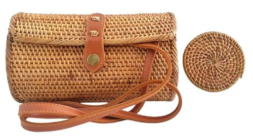 Authentic Handmade Rattan Bali Indonesia Women Beach Hobo Shoulder Bag Purse with Leather Strap and Bonus Rattan Round Drink Natural Coaster | Amazon (US)
