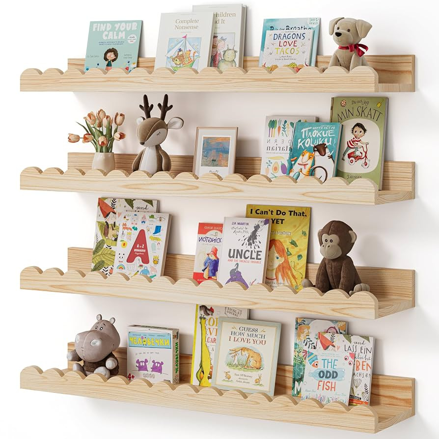 Nursery Book Shelves, 4-Pack Wood Floating Shelves for Wall Kids, Scalloped Shelves, Wall Book Sh... | Amazon (US)