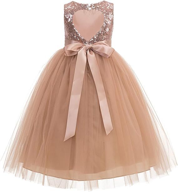 ekidsbridal Heart Cutout Sequin Junior Flower Girl Dress Open Back Dress Christening Dresses | Amazon (US)