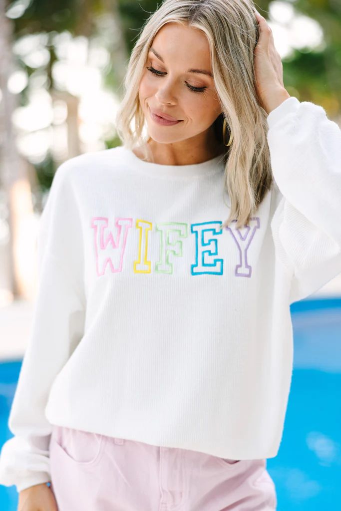 Wifey White Rainbow Embroidered Corded Sweatshirt | The Mint Julep Boutique