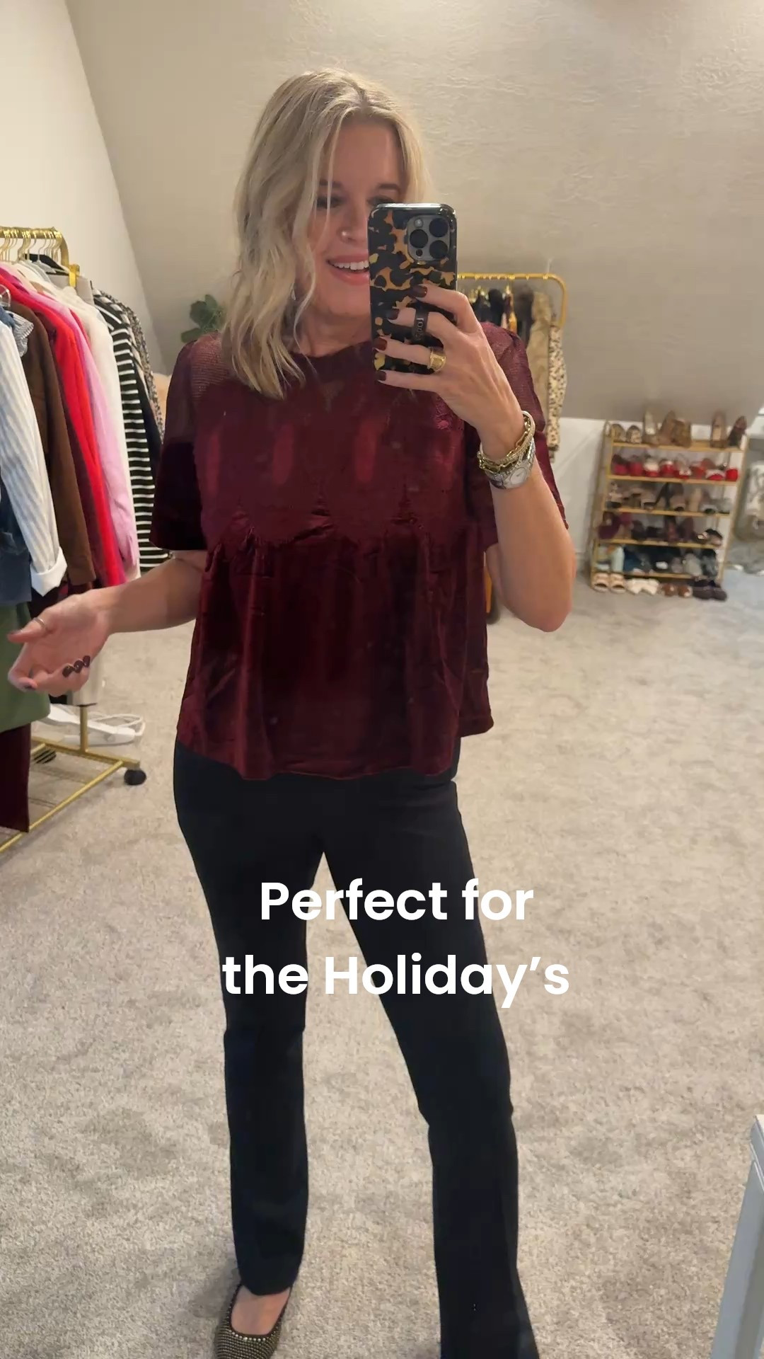 The affordable Top you’re going to want for the Holiday’s 

A free people inspired by velvet and lace top! It comes in several colors and fits true to size! 

Perfect for those Holiday events/socials that you need to feel festive but not super fancy…

School played, girls nights, holiday bunco or book club, drinks with friends or a dinner date with hubby.

I am wearing with black Spanx pants tts use code Deardarcyxspanx for 15% off.

Really cute with leather pants or slacks too. 

Wear a festive pointed toe flare with gold stiffs like I am here or a great high heel. 

Pair with your favorite festive earring. I am wearing a chunky gold hoop by lisi lurch to tie in the gold studs on heels.  
(If I was wearing a heel I might add a pearl and rhinestone earring (I shared in link)

#LTKFindsUnder50 #LTKStyleTip #LTKHoliday