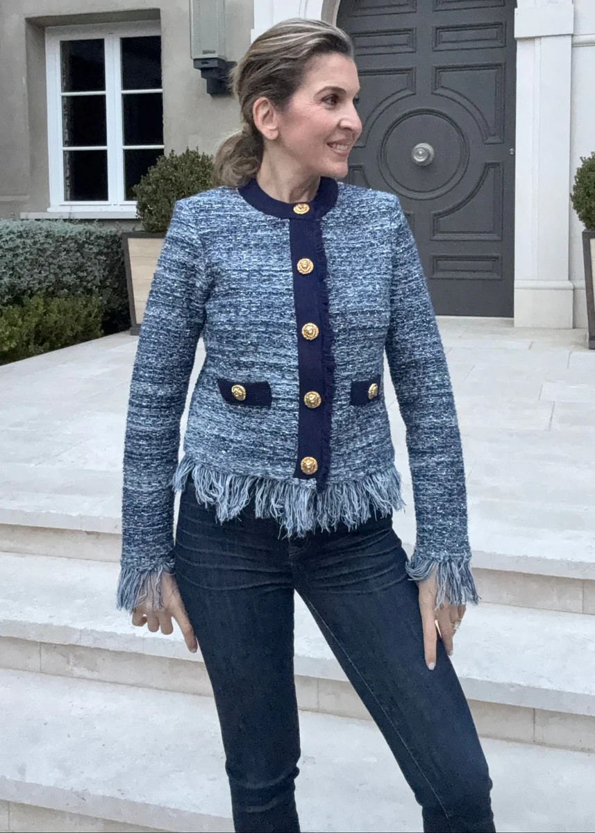 Jessica Fringe Hem Cropped Cardigan Jacket - Navy | Benaar La