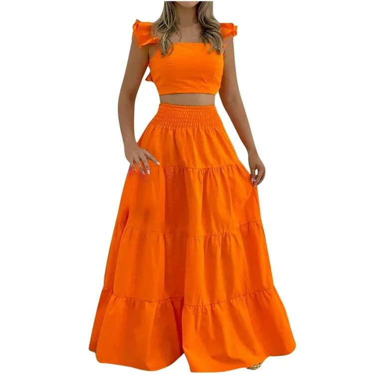 Women's 2 Piece Summer Outfits Casual Plain Ruffle Sleeve Crop Top High Waisted Tiered Maxi Skirt... | Walmart (US)