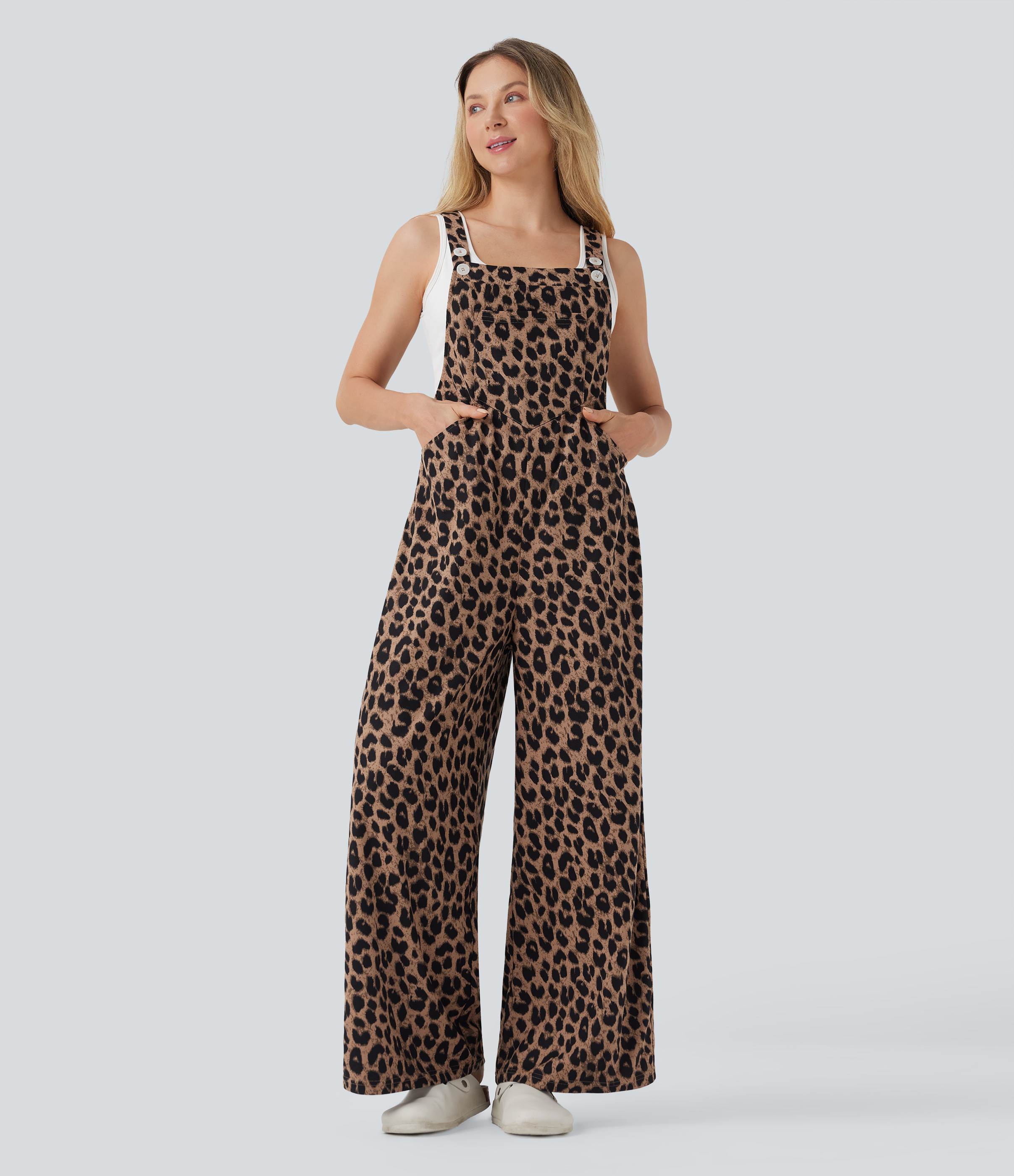 Halara Leopard Print Waffle Casual Overalls with Pockets  - Noir Safari - M(tall) | HALARA