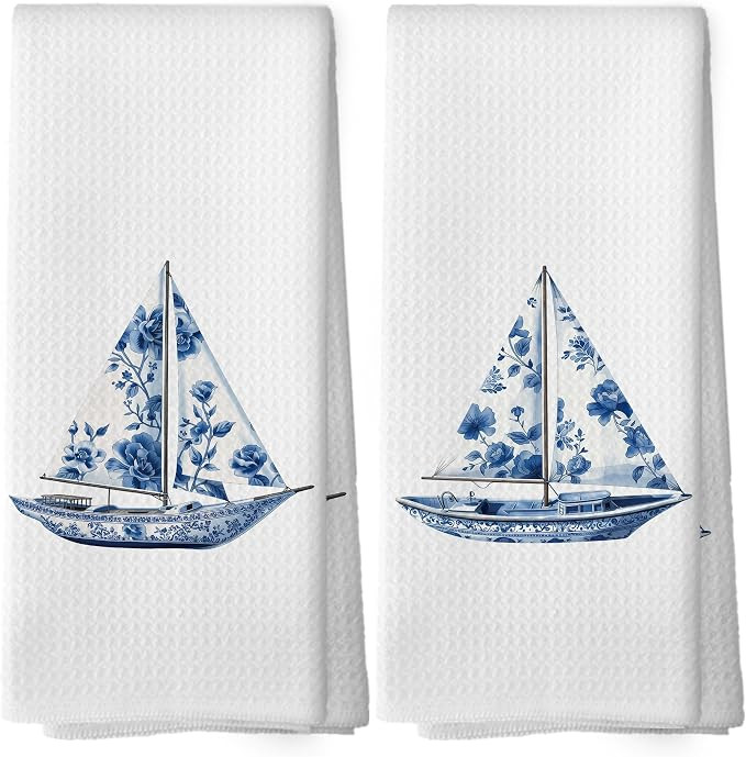 Chinoiserie Coastal Beach Sailboat Kitchen Dish Towels, Blue and White Grandmillennial Nautical B... | Amazon (US)