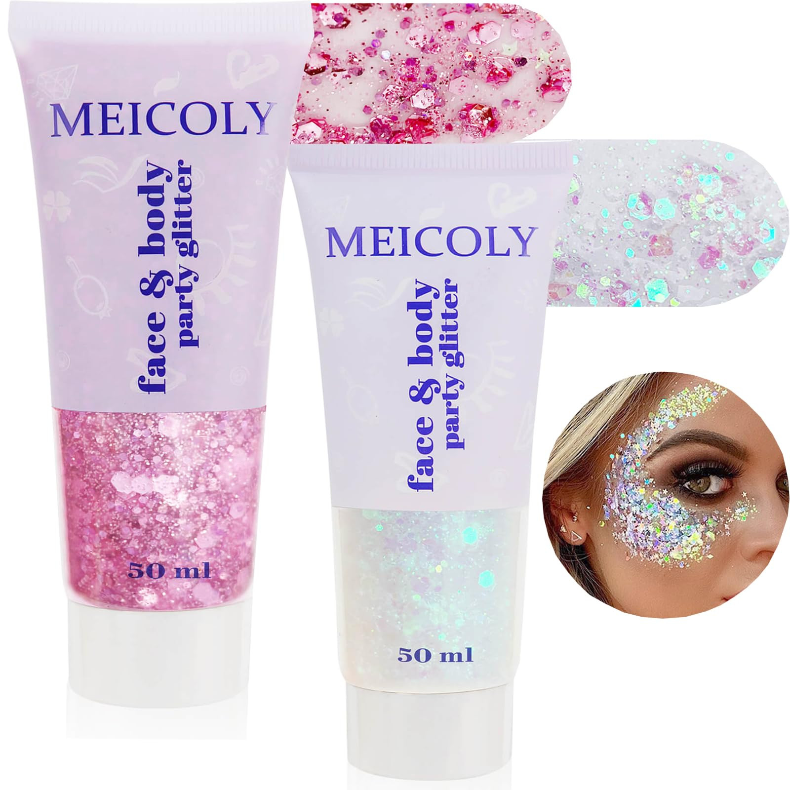 MEICOLY Pink and Clear White Face Body Glitter Set,Pink Face Glitter Gel,Singer Concerts Festival... | Amazon (US)