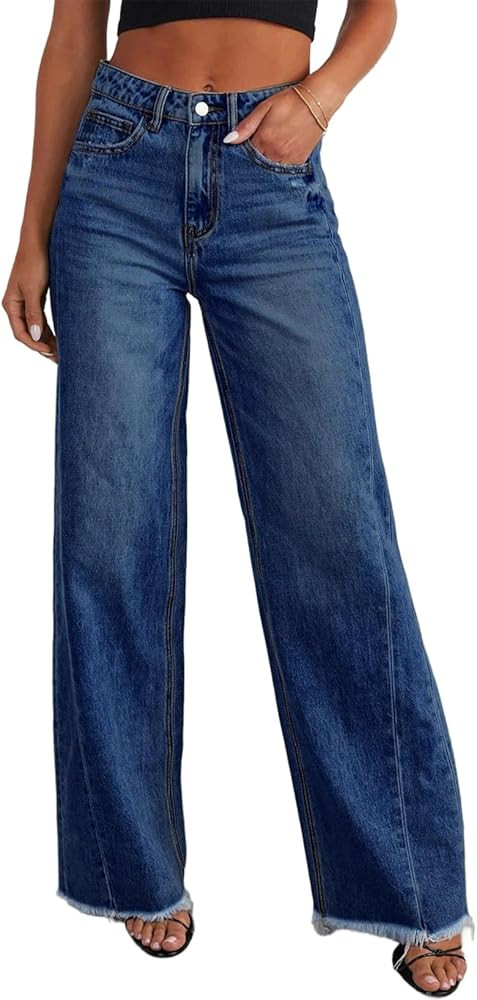 Sidefeel Women's Wide Leg Jeans High Waisted Strechy Raw Hem Denim Pants | Amazon (US)