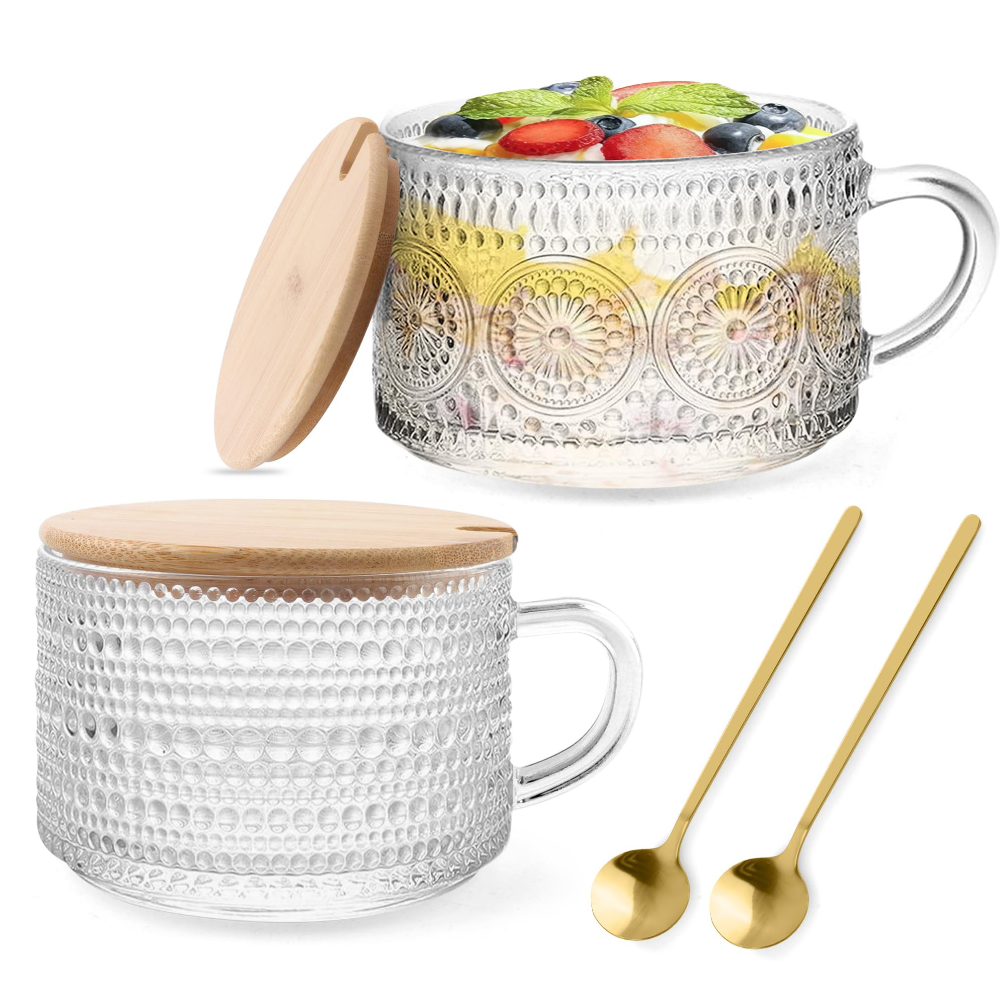 Vintage Glass Coffee Mugs 2 Set, 14oz Overnight Oats Containers with Bamboo Lids and spoon, Glass... | Amazon (US)