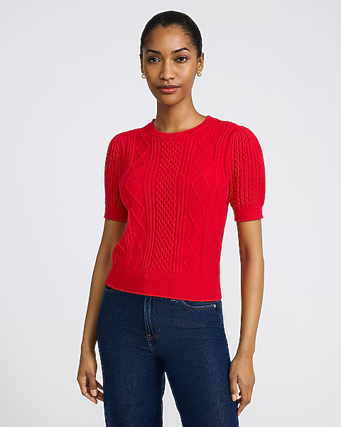 Cable Knit Crew Neck Puff Sleeve Sweater | Express