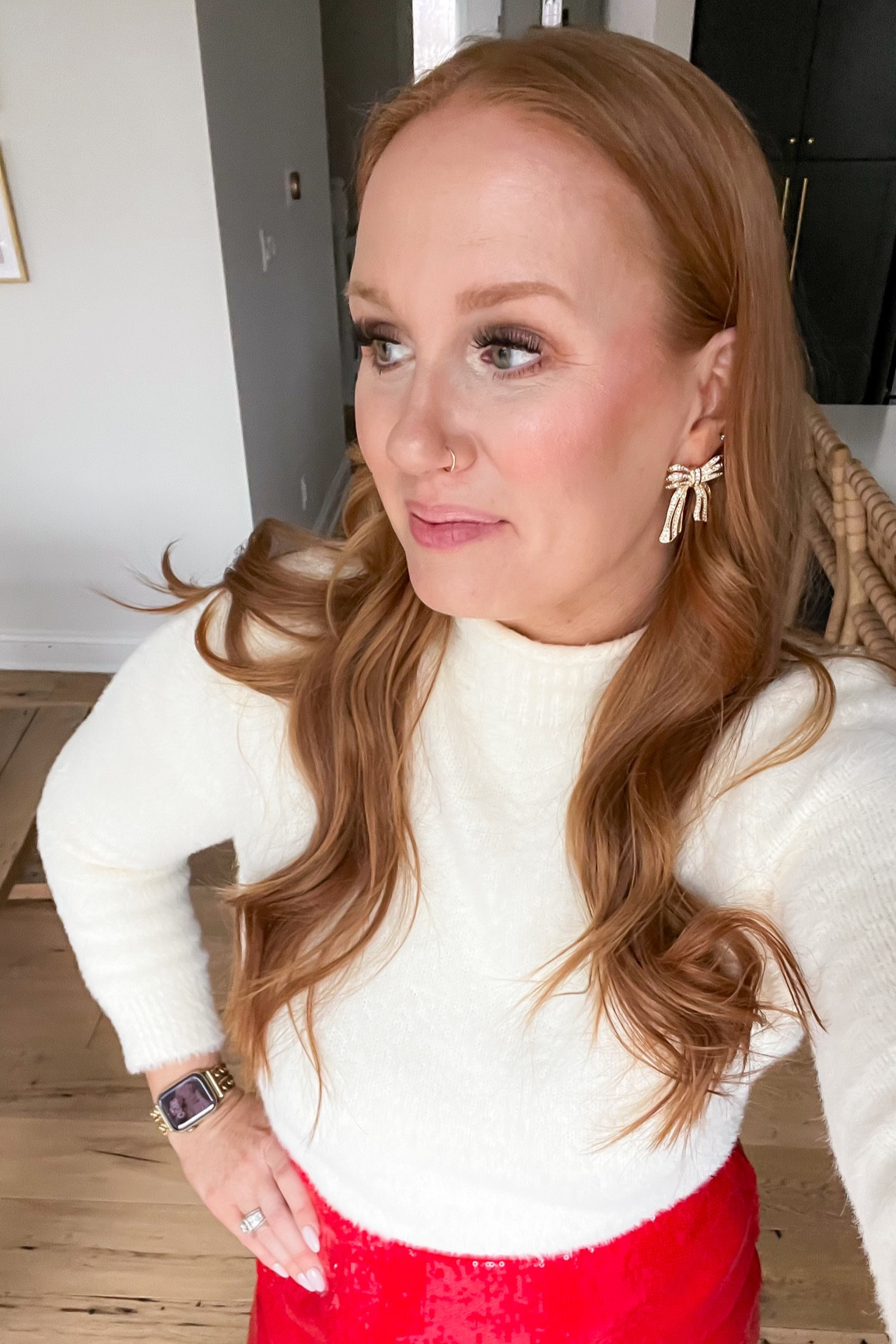 Christmas outfit. Holiday outfit. Red skirt. Target outfit. Target holiday outfit. Bow earrings. Gold earrings. Target earrings. Sequin skirt.  Cream Sweater. Target red skirt  #target #earrings #christmas #creamsweater #targetchristmas 

#LTKHoliday #LTKparties #LTKSeasonal