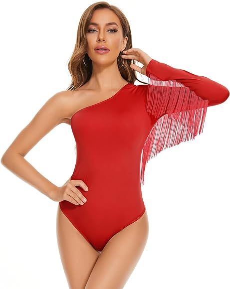 American Trends Women's Fringe Trim One Shoulder Long Sleeve Body Suits Concert Outfits Long Slee... | Amazon (US)