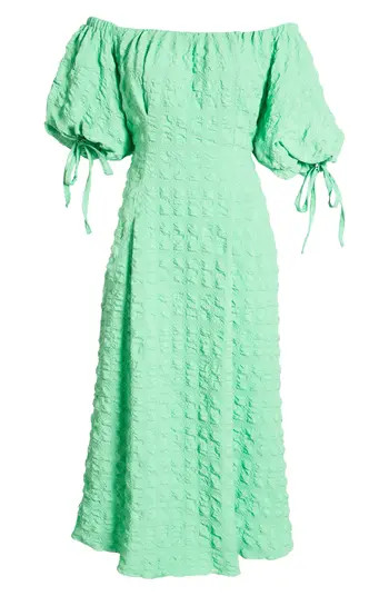 Bardot Off the Shoulder Seersucker Midi Dress | Nordstrom