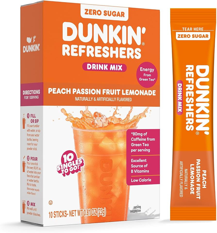 Dunkin’ Zero Sugar Refreshers Singles To Go! Powdered drink mix packets, Peach Passionfruit Lem... | Amazon (US)