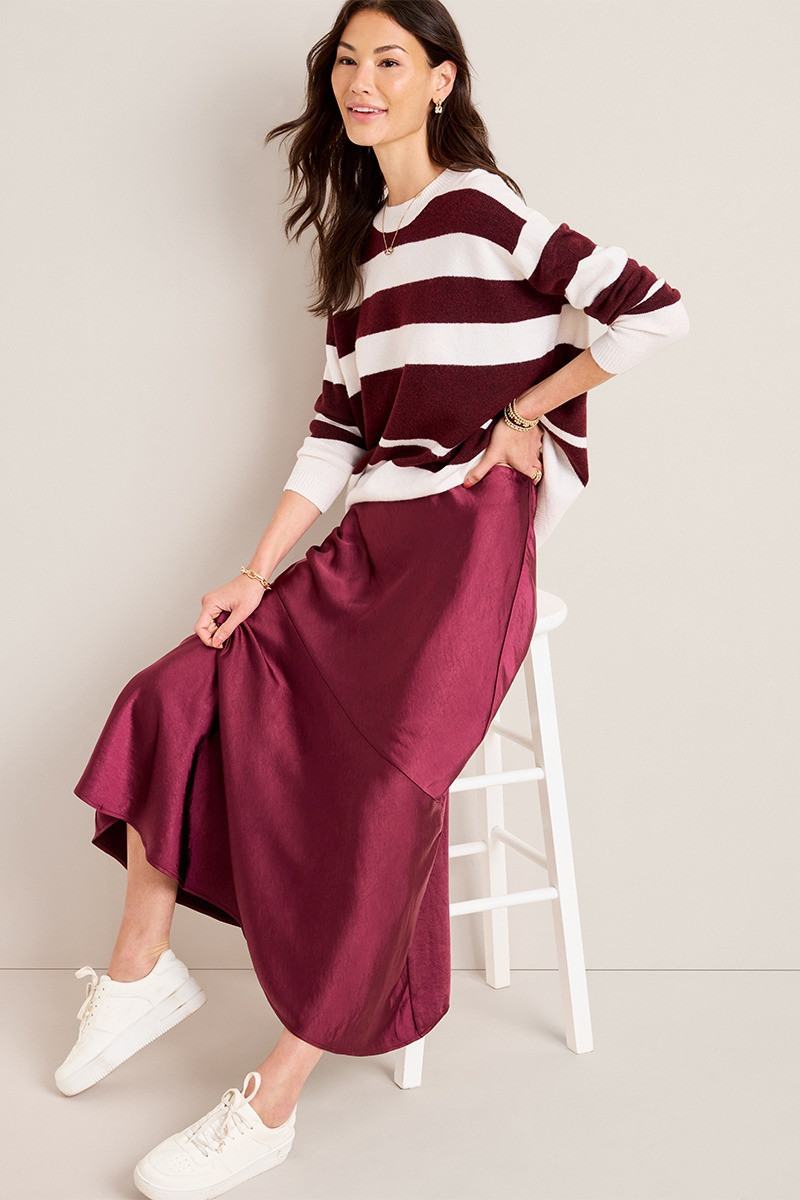 Melody Asymmetrical Satin Midi Skirt | Francesca's