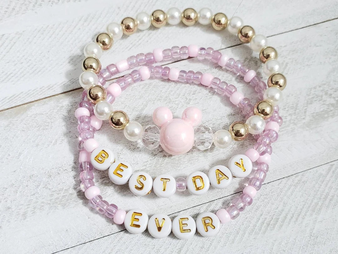 Pink and Gold Best Day Ever Bracelets | Disney Rapunzel Inspired Beaded Stretch Bracelets | Etsy (US)