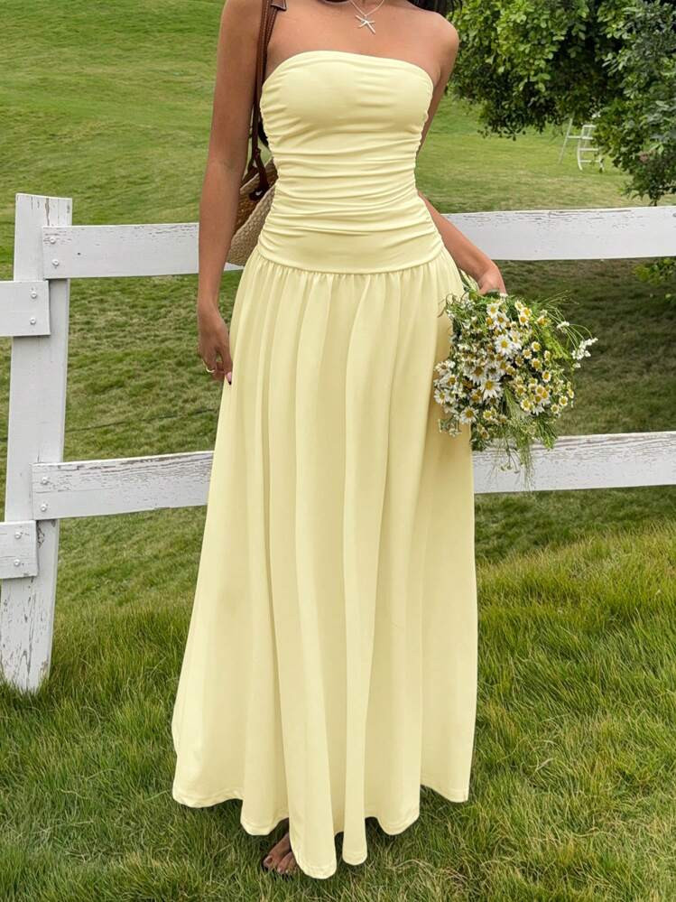 MainGRL Women's Casual Long Dress In Beige Color, Summer,Butter Yellow Dress | SHEIN