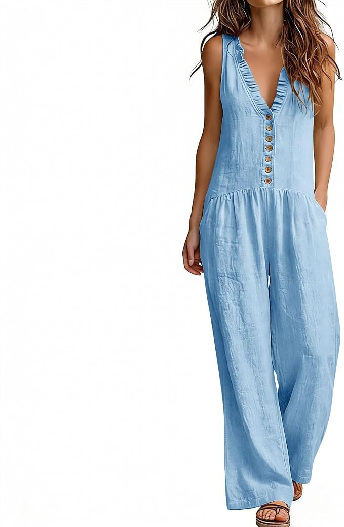 Women Button Down Jumpsuits Cotton Linen Sleeveless Casual Wide Legs Rompers Loose Overall Outfit... | Amazon (CA)