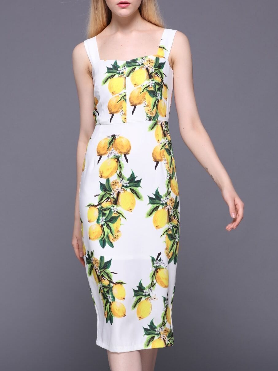 White Strap Backless Lemons Print Sheath Dress | Romwe