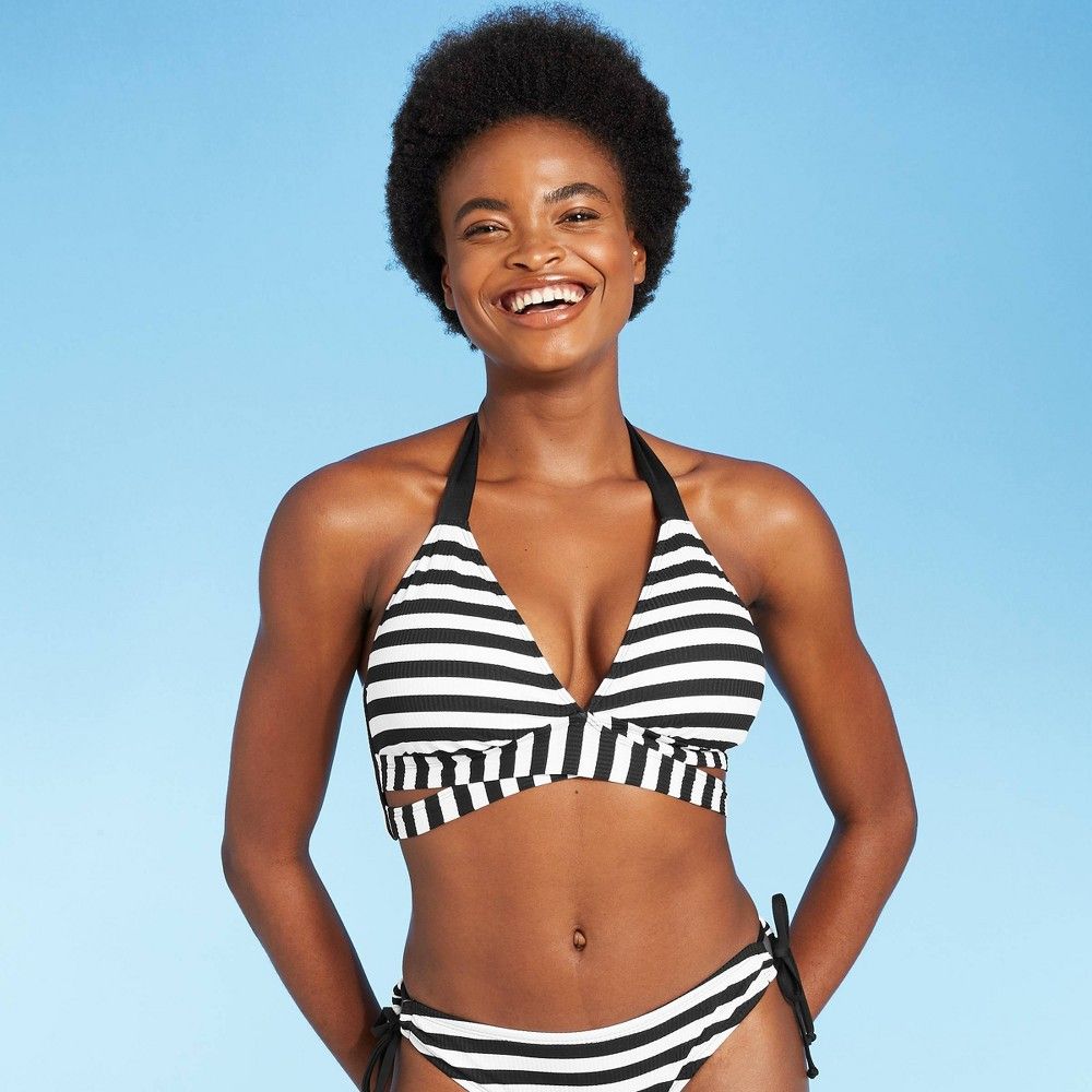 Women's Faux Wrap Halter Bikini Top - Kona Sol Black & White Stripe D/DD Cup | Target