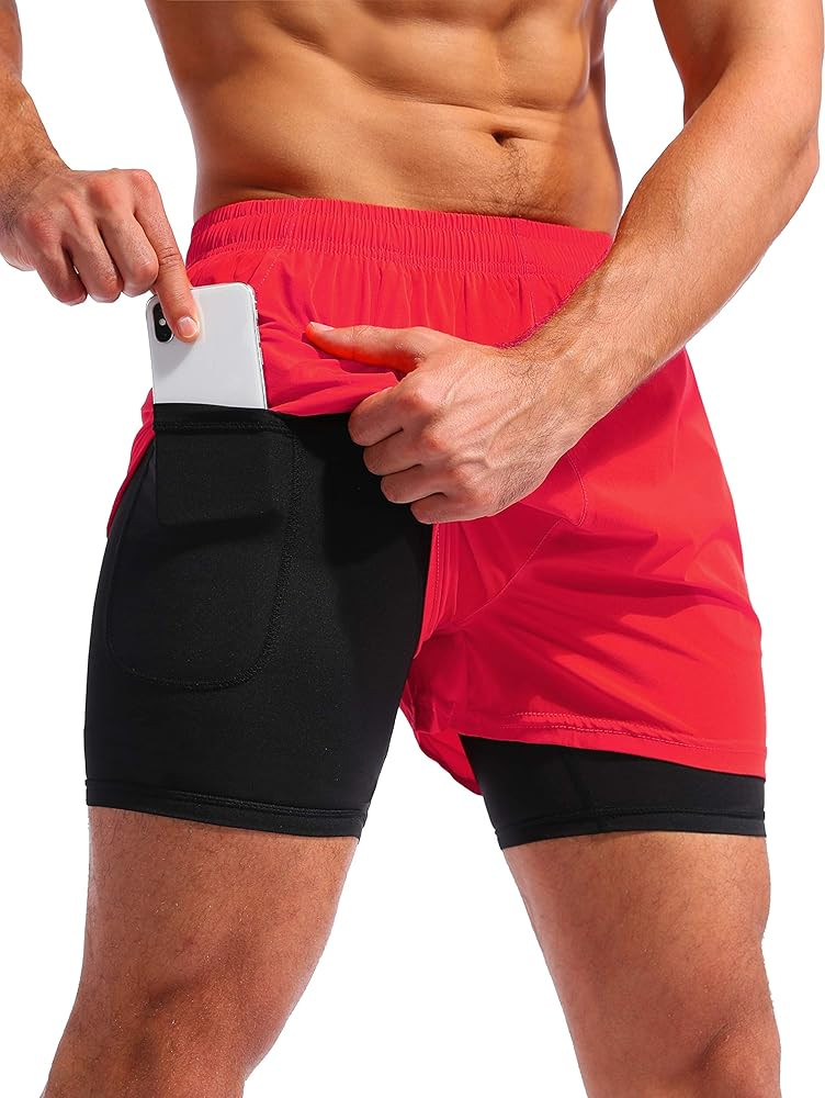 Pudolla Men’s 2 in 1 Running Shorts 5" Quick Dry Gym Athletic Workout Shorts for Men with Phone... | Amazon (US)
