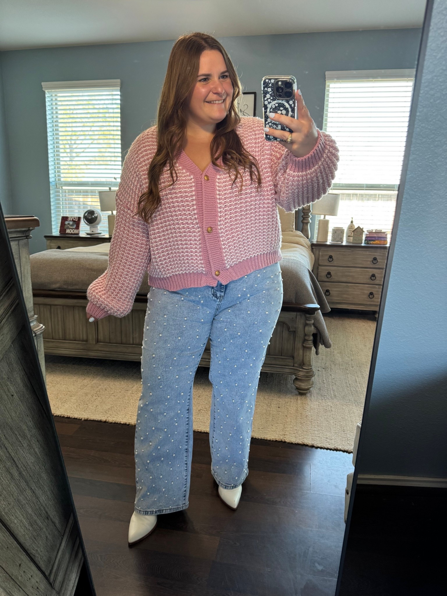 Wearing an xxl in this pink cardigan and an xl in these pearl jeans. Finished the look with white booties.  I’m a size 16. This outfit is curvy girl friendly and perfect for Nashville or the rodeo. 

#LTKMidsize #LTKootd #LTKPlusSize