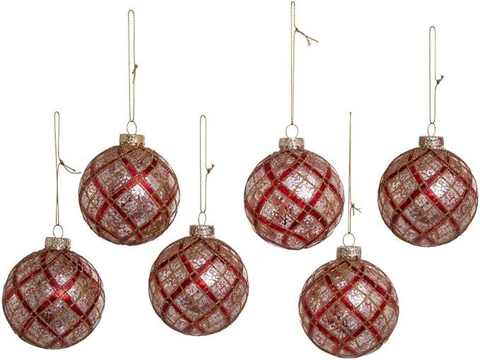 80MM Silver with Gold and Red Plaid Glass Ball Ornaments, 6-Piece Set | Amazon (US)