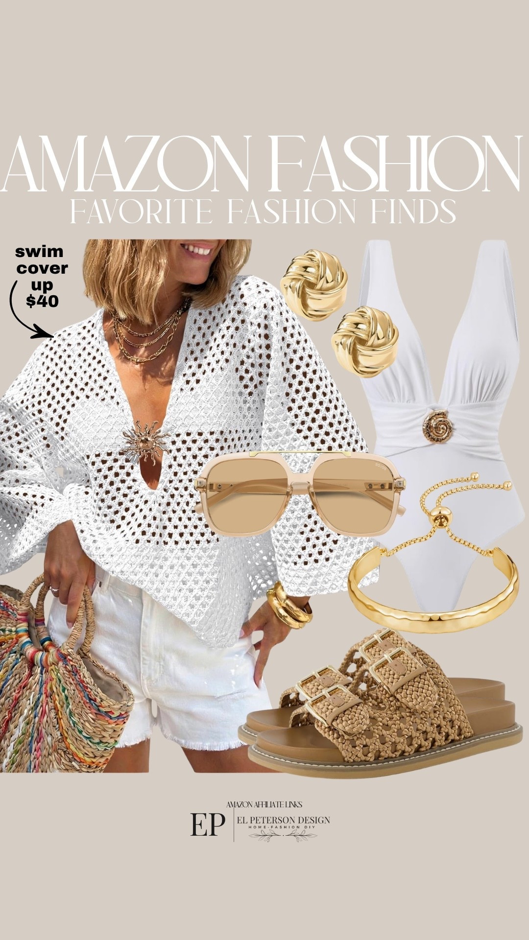 Amazon Fashion
Bathing suit
Swim cover up
Sandals 
Bracelet 
Sunglasses
