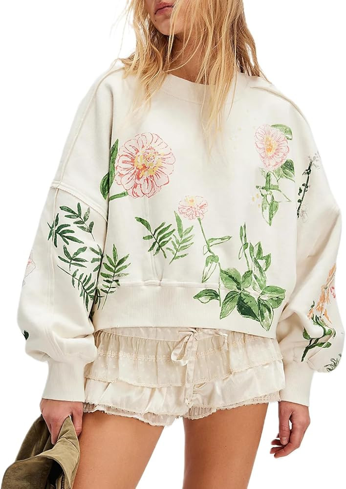 Yuemengxuan Womens Crewneck Sweatshirts Y2k Graphic Hoodies Cropped Drop Shoulder Preppy Aestheti... | Amazon (US)