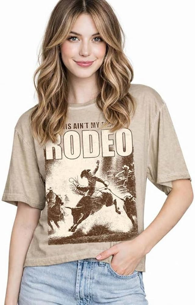 Women\u2019s Western Graphic Crop Top Tee \u2013 Oil Washed Vintage Cowgirl Cropped Short Length ... | Amazon (US)