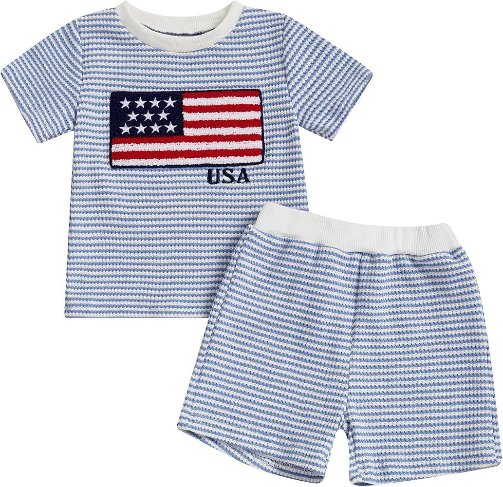 Baby Boy 4th of July Outfit Flag Usa Embroidery Short Sleeve Tops Striped Shorts Set Toddler Waff... | Amazon (US)